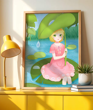 Whimsical Illustration of a Young Girl in a Pink Dress Sitting on a Lily Pad