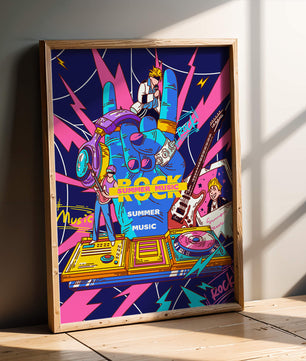 Ilustración temática vibrante de música rock con instrumentos y artistas