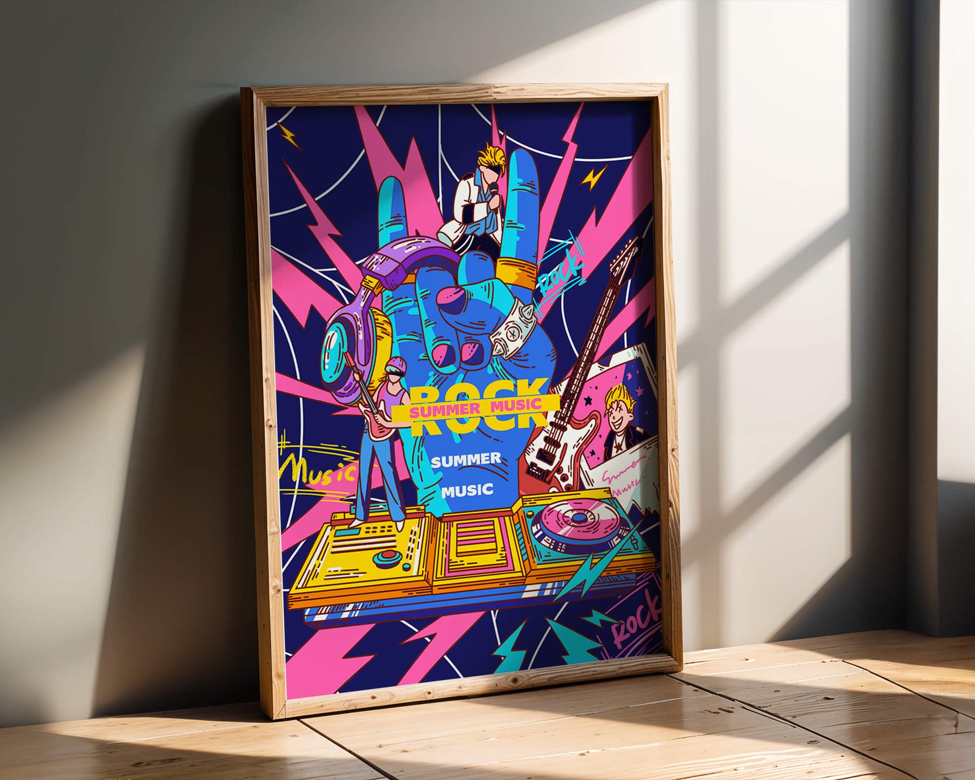 Ilustración temática vibrante de música rock con instrumentos y artistas