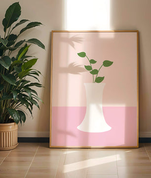Simple Minimalist Illustration of a White Vase with Green Leaves on a Pink Background - Mi tienda