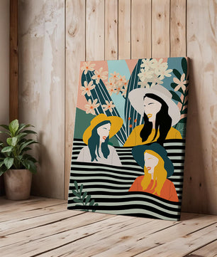 Illustration abstraite colorée de trois femmes avec des éléments floraux et botaniques