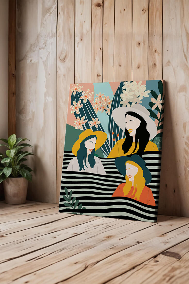 Illustration abstraite colorée de trois femmes avec des éléments floraux et botaniques