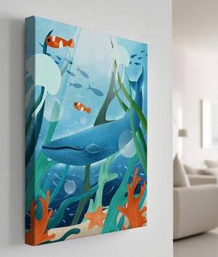 Underwater scene with whale, fish, and sea plants illustration