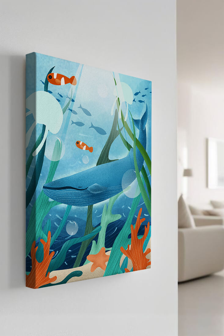 Underwater scene with whale, fish, and sea plants illustration