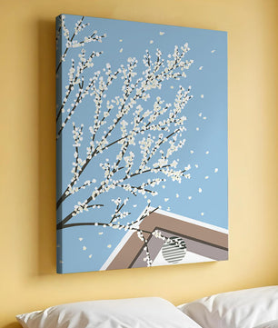 Blooming Branches Against a Clear Sky with Geometric Shapes