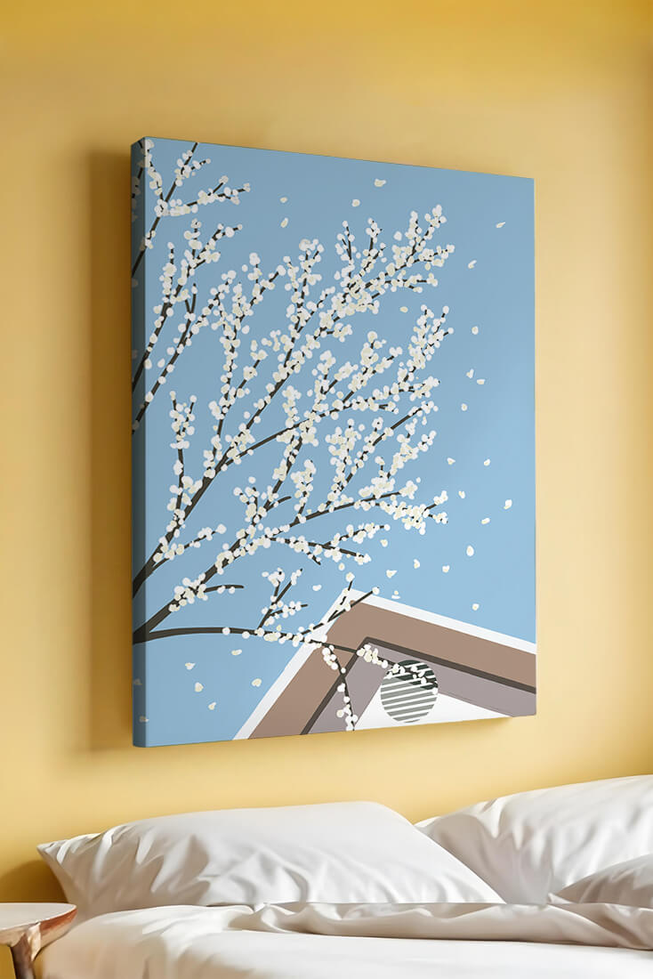 Blooming Branches Against a Clear Sky with Geometric Shapes