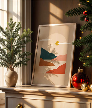 Paysage minimaliste avec montagnes et soleil