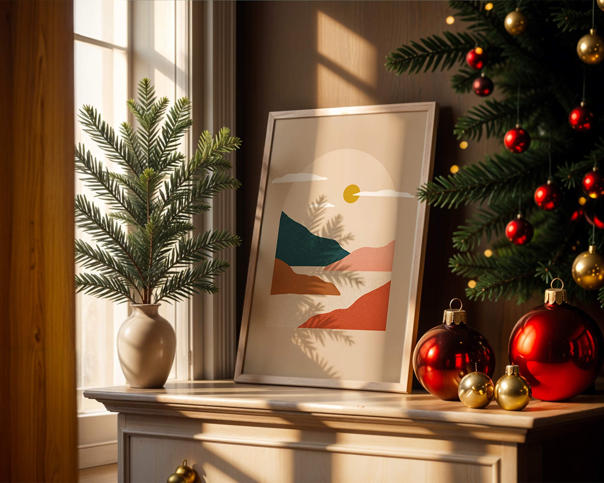 Paysage minimaliste avec montagnes et soleil