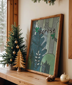 Illustrated forest scene with foliage and text