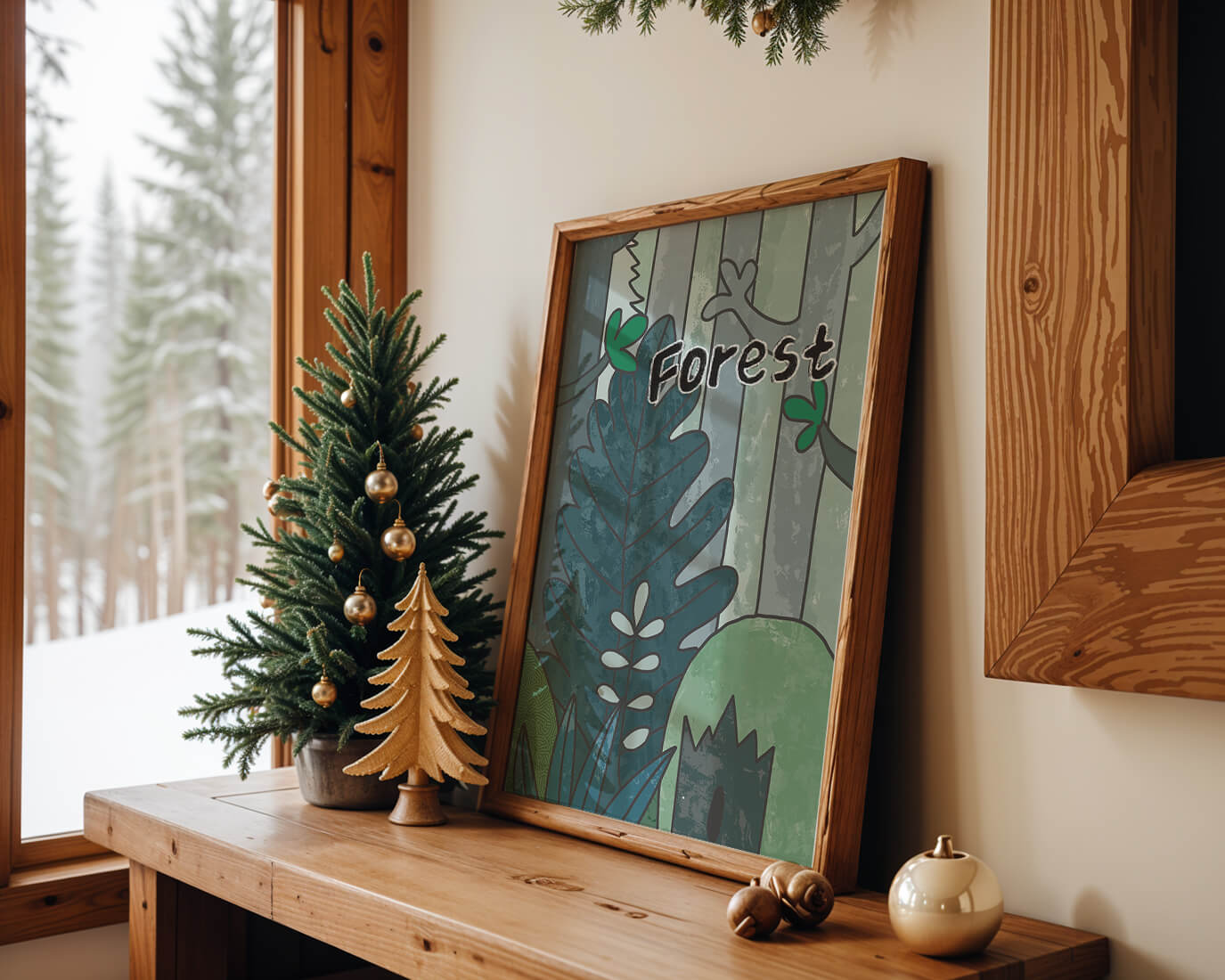 Illustrated forest scene with foliage and text