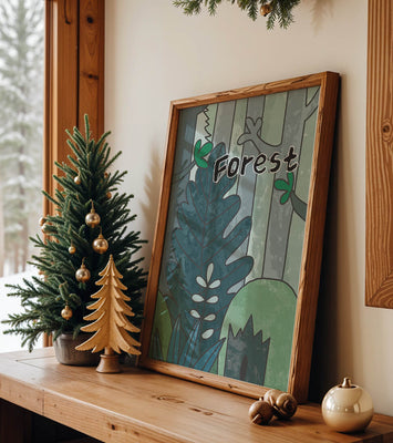 Illustrated forest scene with foliage and text