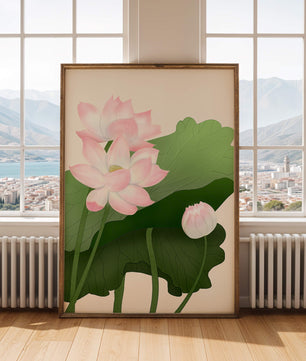Delicate pink lotus flowers with verdant green leaves
