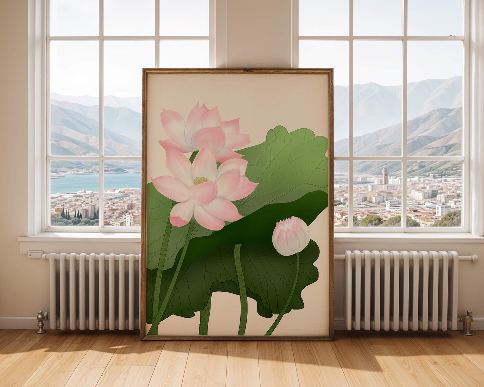 Delicate pink lotus flowers with verdant green leaves