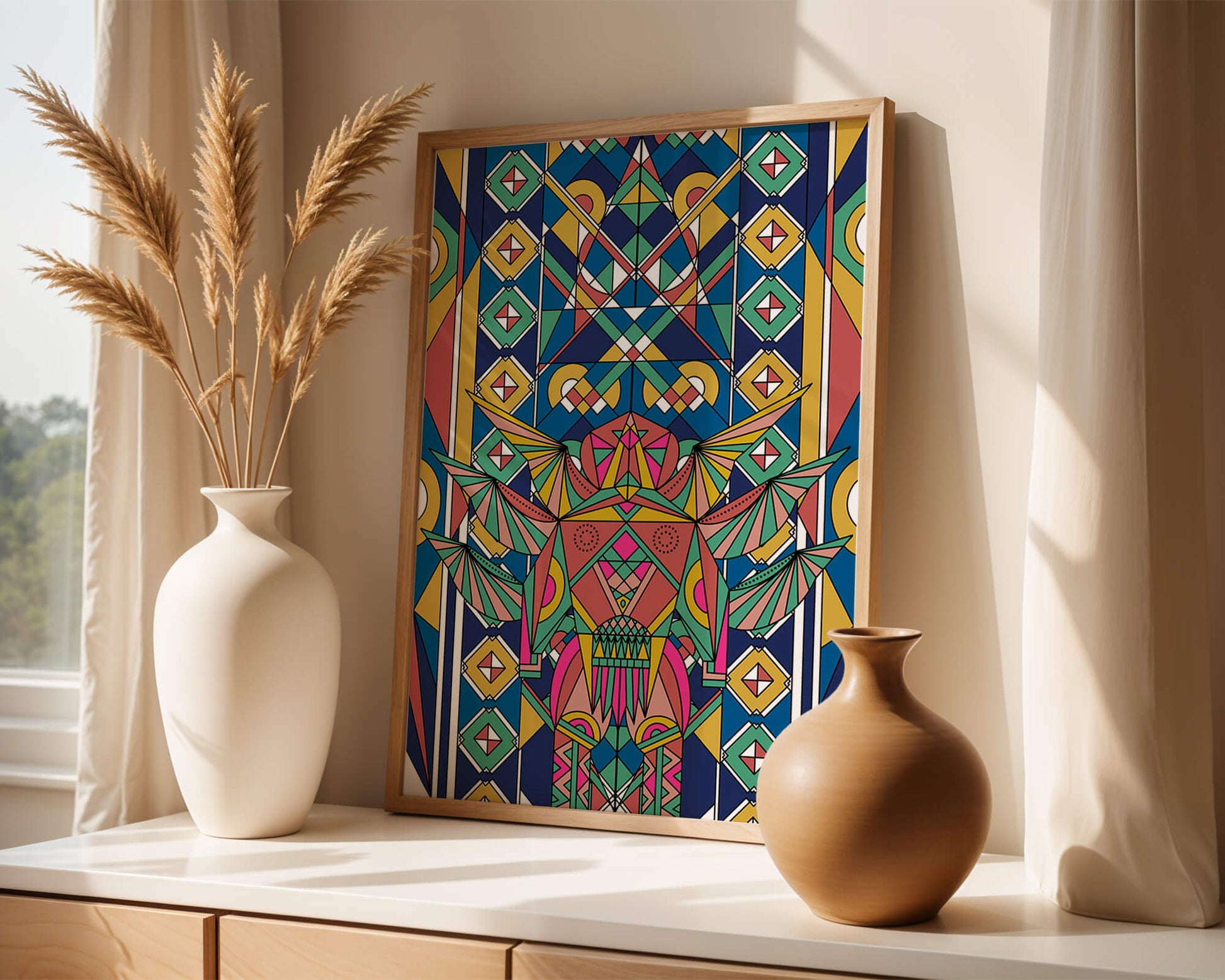 Arte abstracto geométrico colorido con patrones simétricos