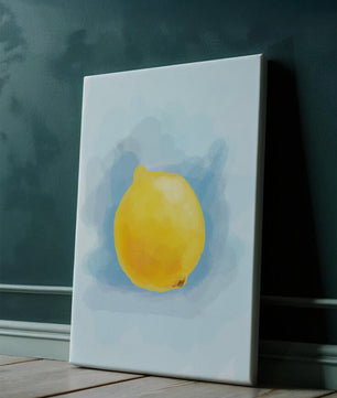 Obra de arte en acuarela de un limón sobre un fondo azul