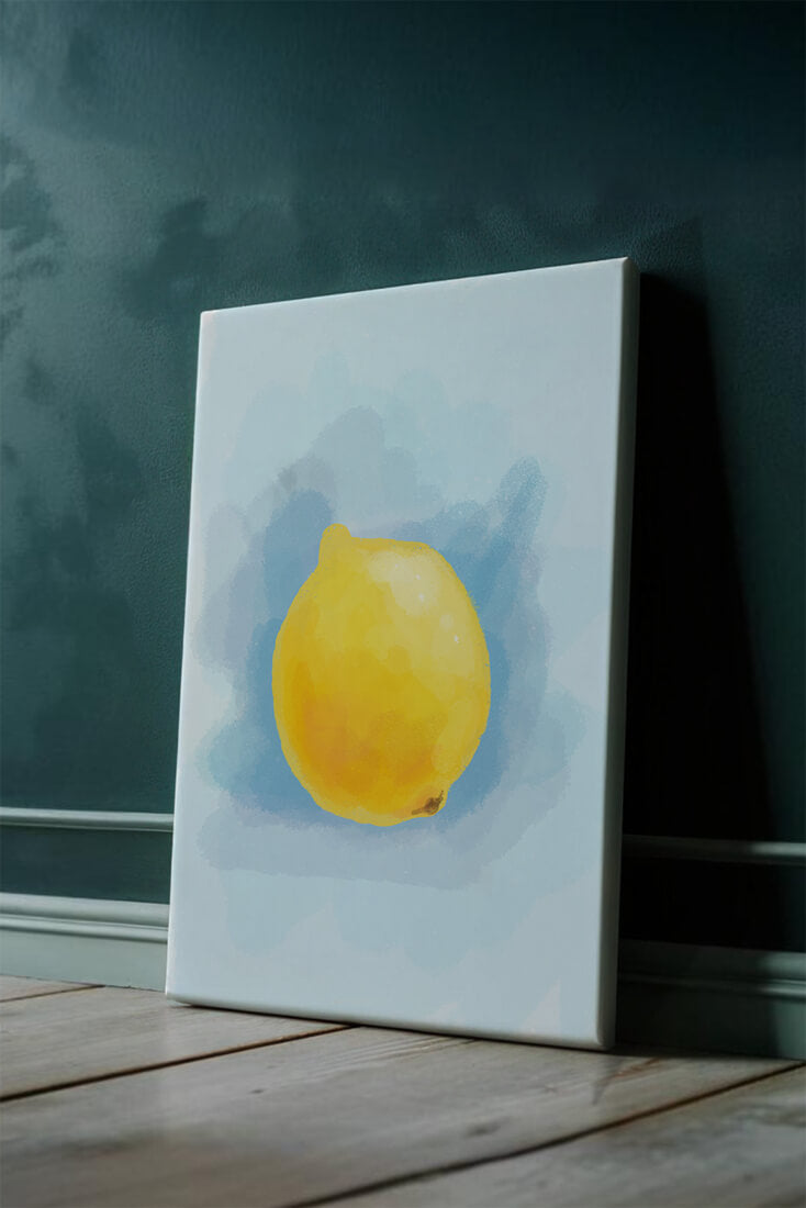 Watercolor artwork of a lemon on a blue background