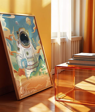 Colorful illustration of an astronaut in space with planets and rocket