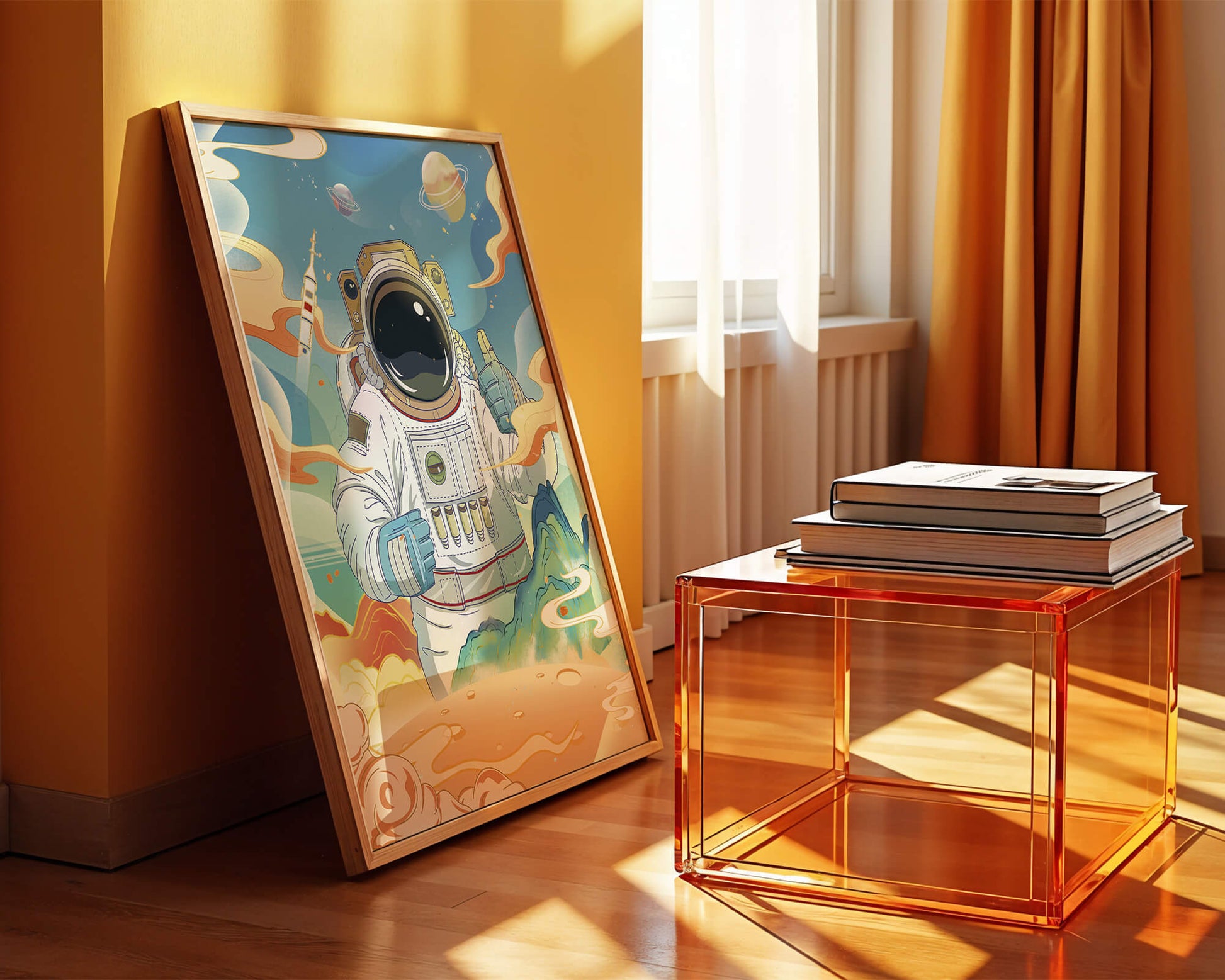 Colorful illustration of an astronaut in space with planets and rocket