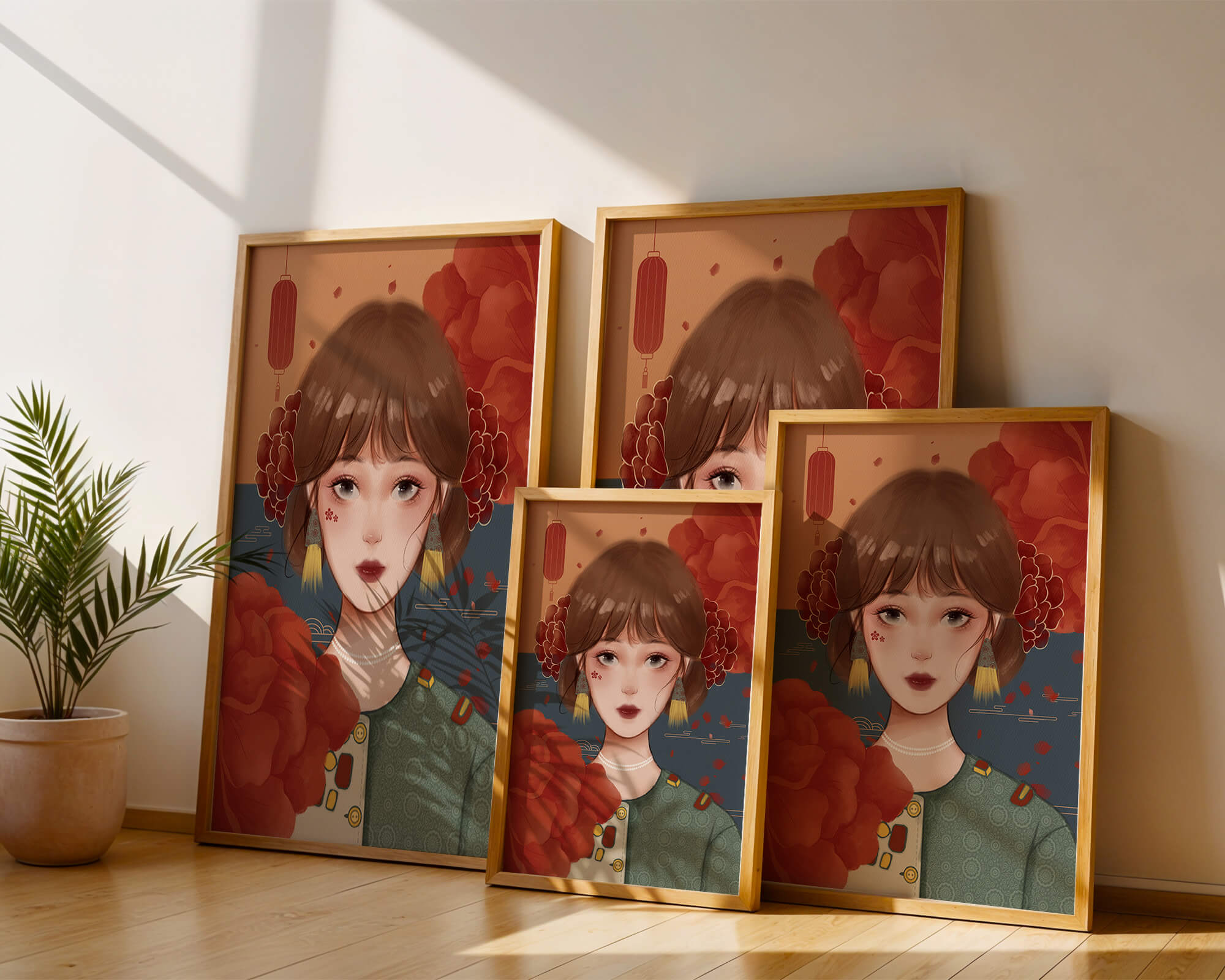 Illustration of a woman adorned with floral elements and traditional accessories