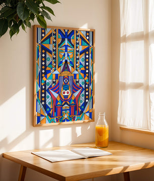 Arte tribal abstracto geométrico con patrones simétricos en azul y naranja