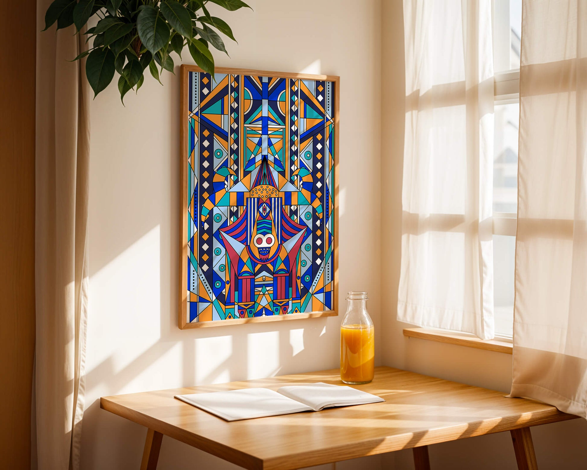 Arte tribal abstracto geométrico con patrones simétricos en azul y naranja