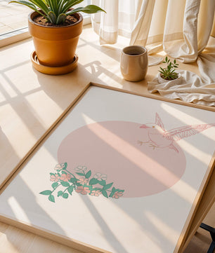 Pájaro pastel con elementos florales en estilo minimalista