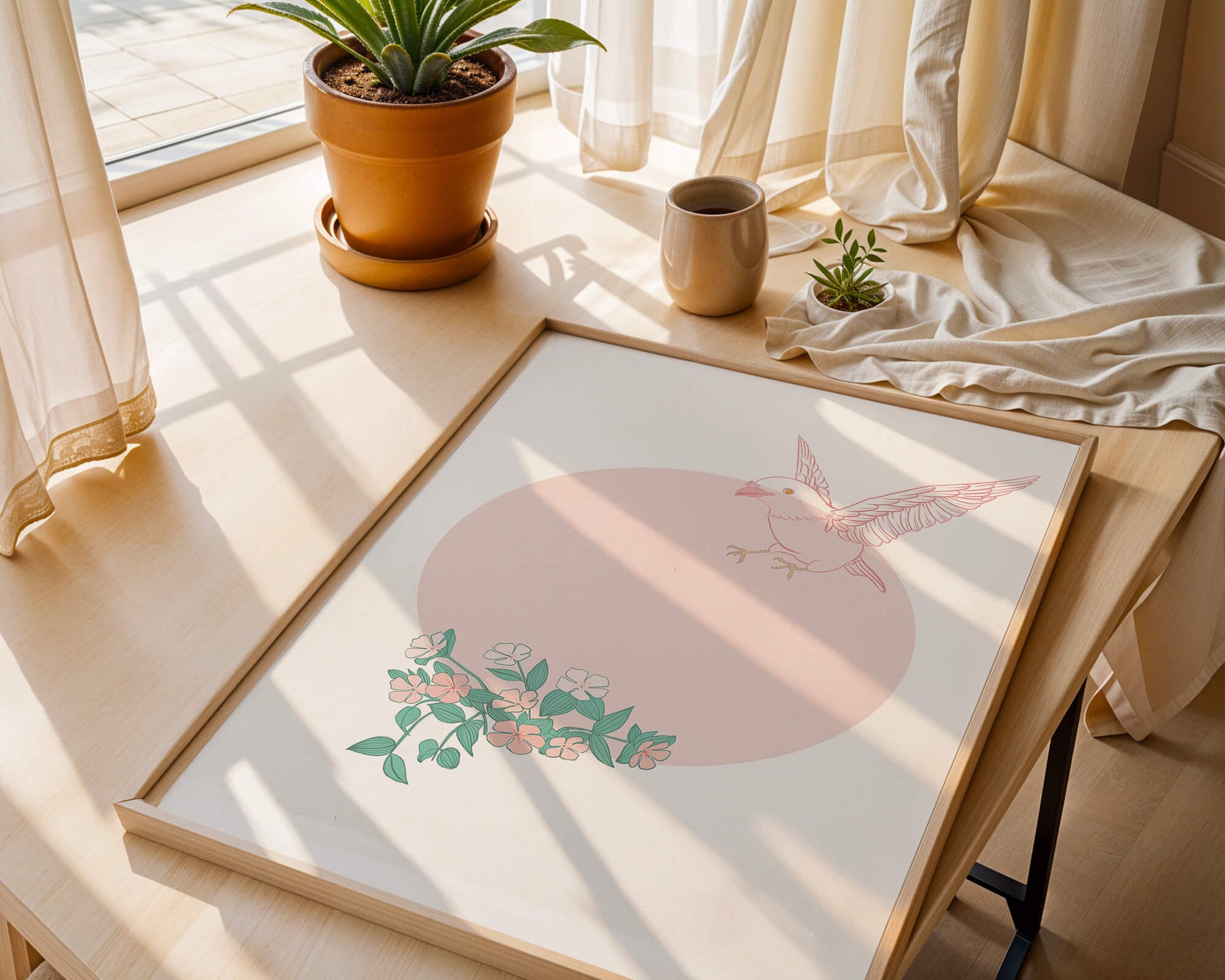 Pájaro pastel con elementos florales en estilo minimalista