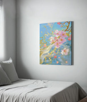 Beautiful Cherry Blossom Branch with Golden Highlights on a Soft Blue Background - Mi tienda