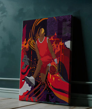 Ilustración dinámica de un jugador de baloncesto en movimiento con patrones abstractos
