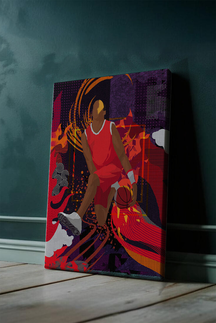 Dynamic illustration of a basketball player in motion with abstract patterns