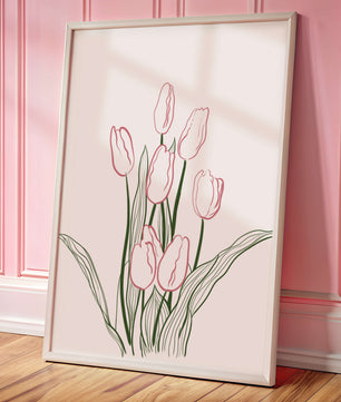 Wunderschöne rosa Tulpen mit grünen Blättern auf einer minimalistischen Leinwand