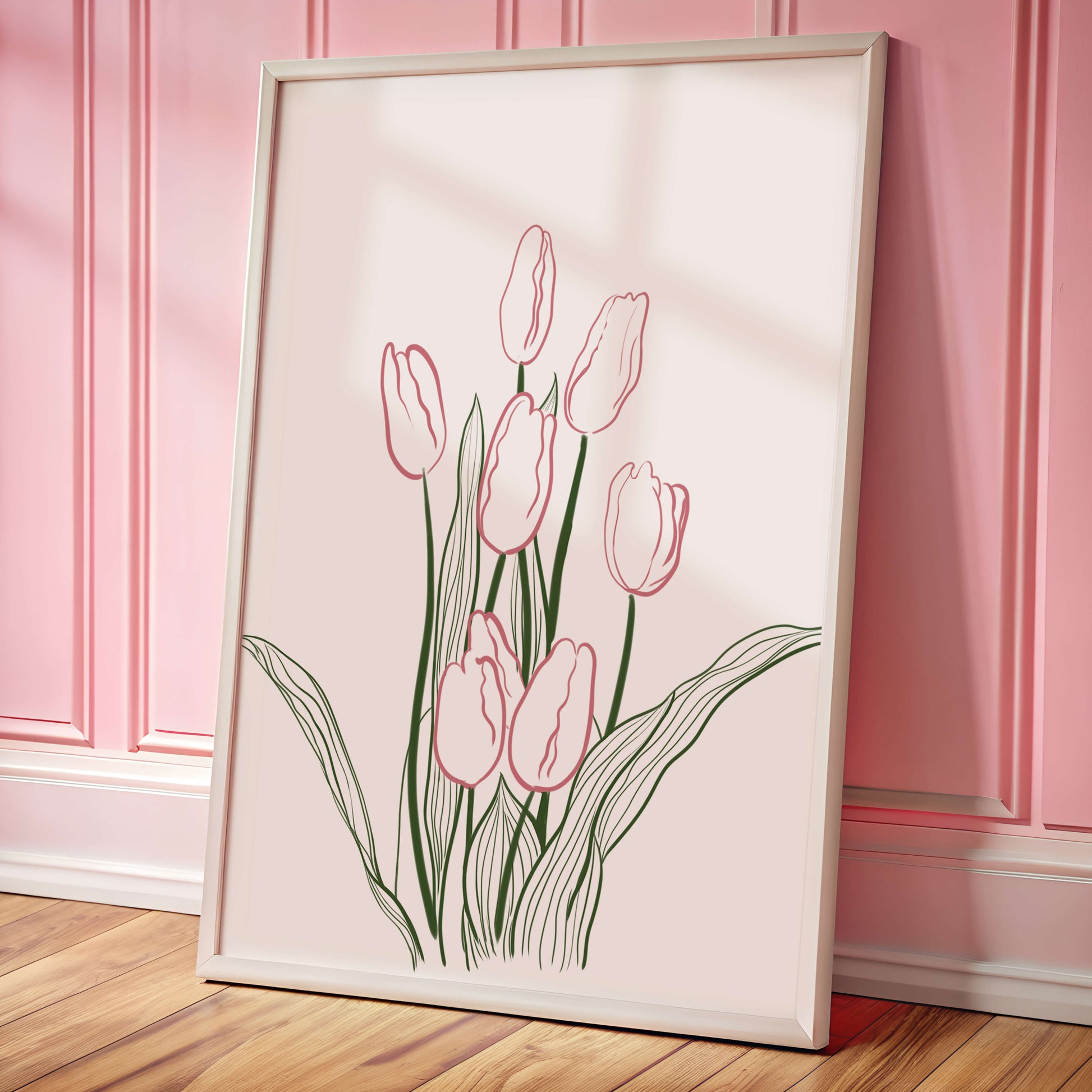 Wunderschöne rosa Tulpen mit grünen Blättern auf einer minimalistischen Leinwand