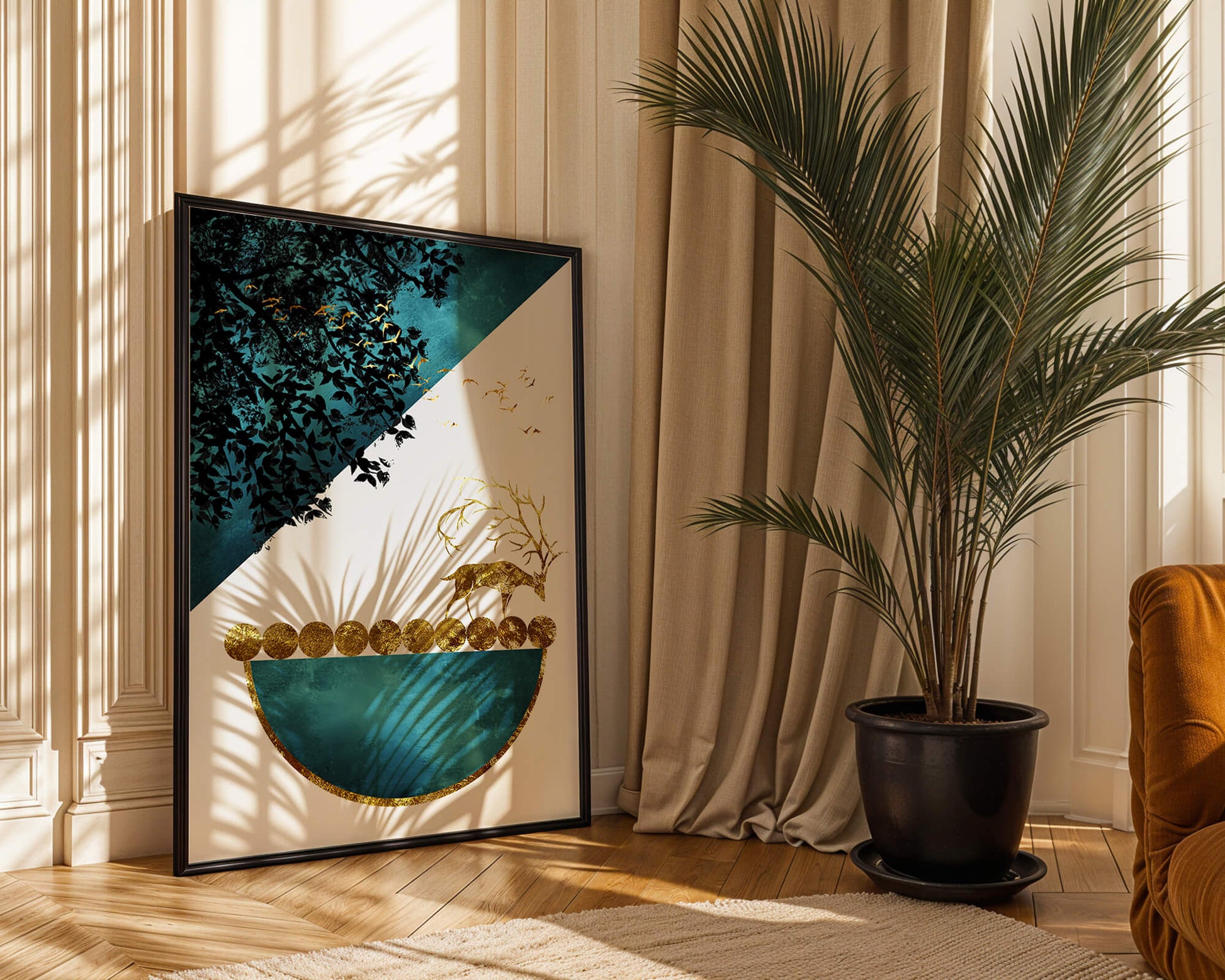 Abstract Deer with Golden Elements in a Mystical Forest Setting