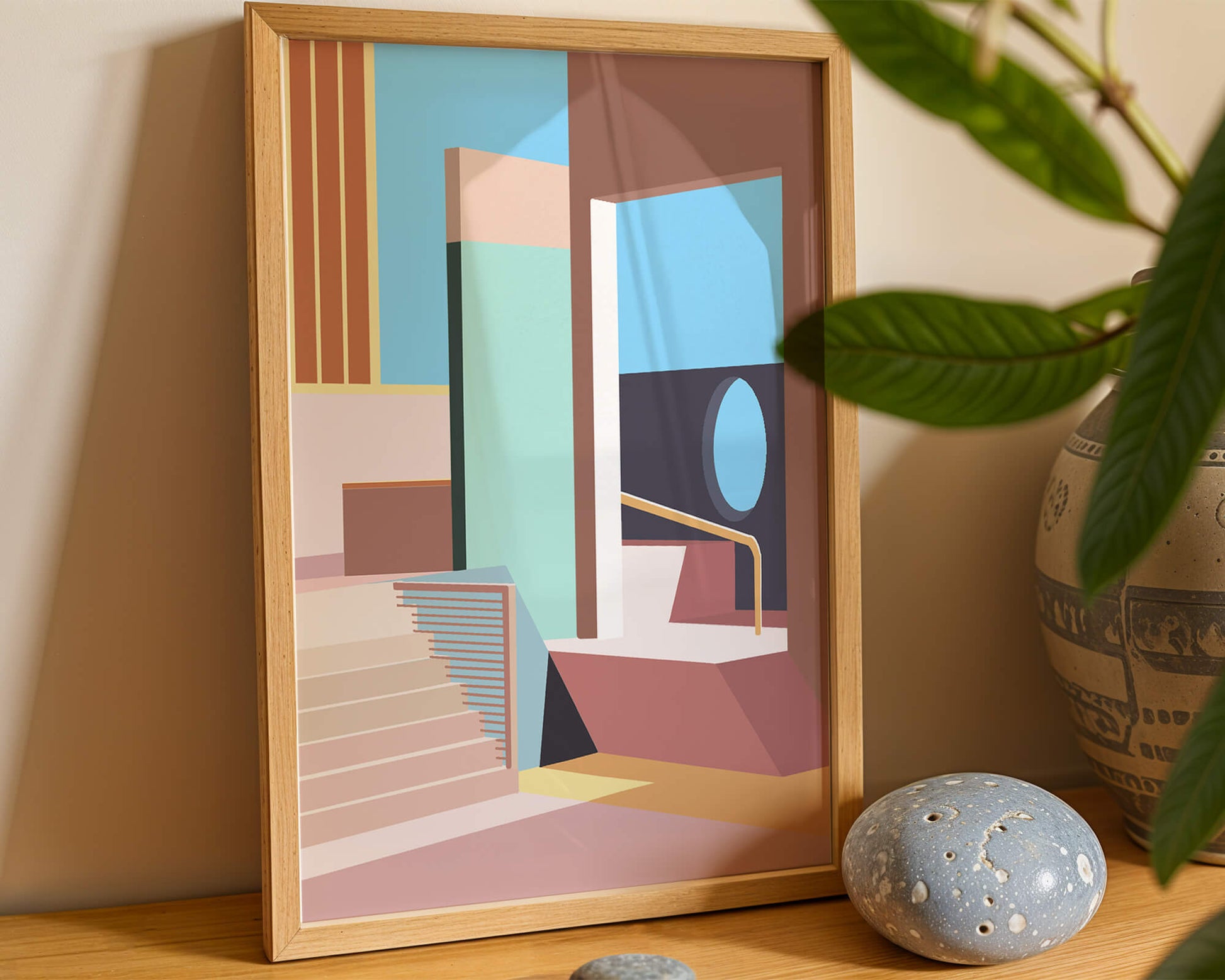 Diseño arquitectónico moderno con elementos geométricos pastel