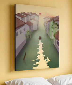 Escena de río tranquilo con arquitectura tradicional y atardecer