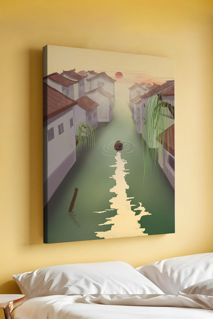 Tranquil river scene with traditional architecture and sunset