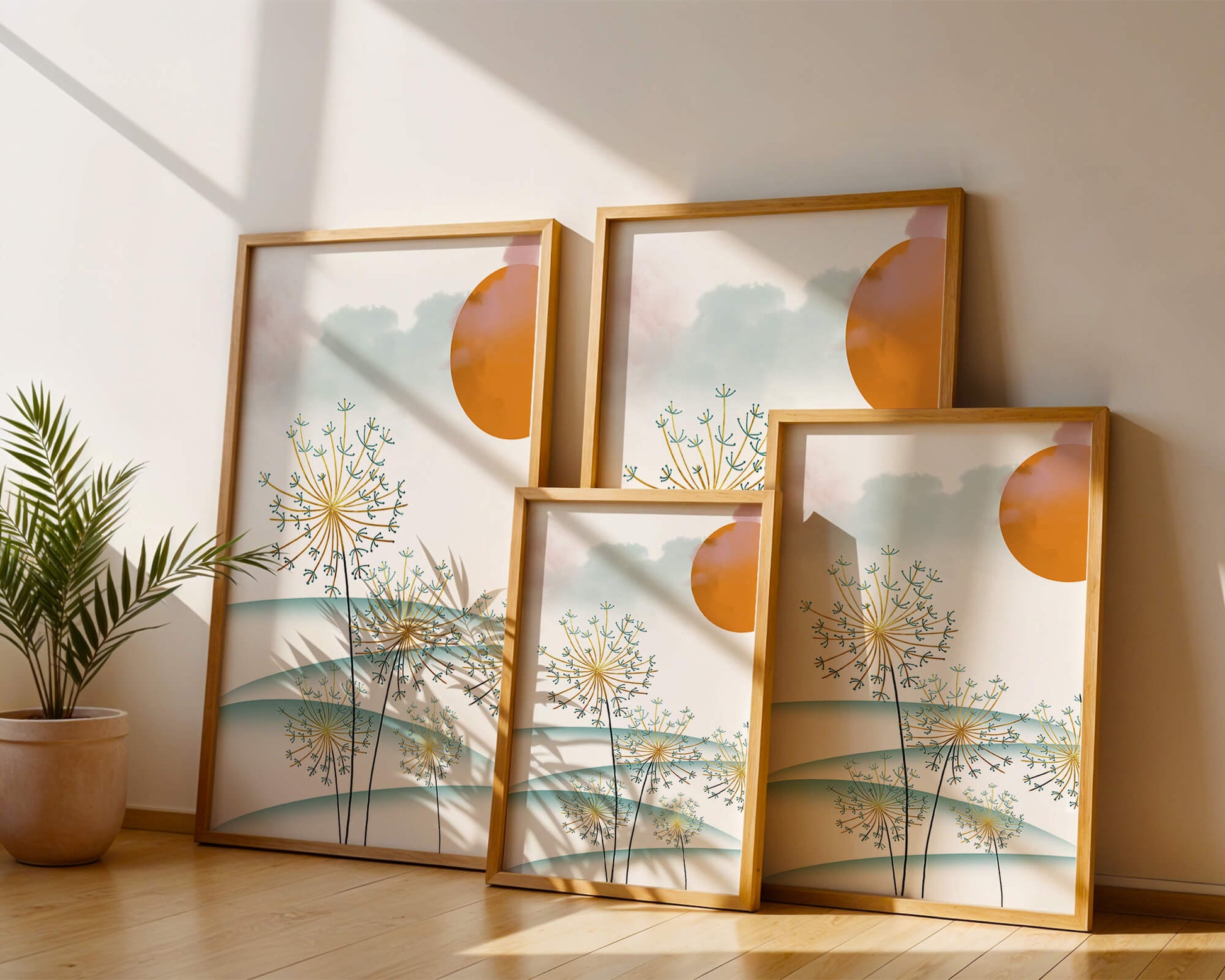 Abstrakte Landschaft mit Löwenzahn und orangefarbener Sonne