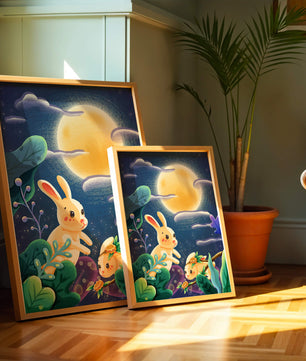 Charming illustration of rabbits under a full moon in a vibrant night garden