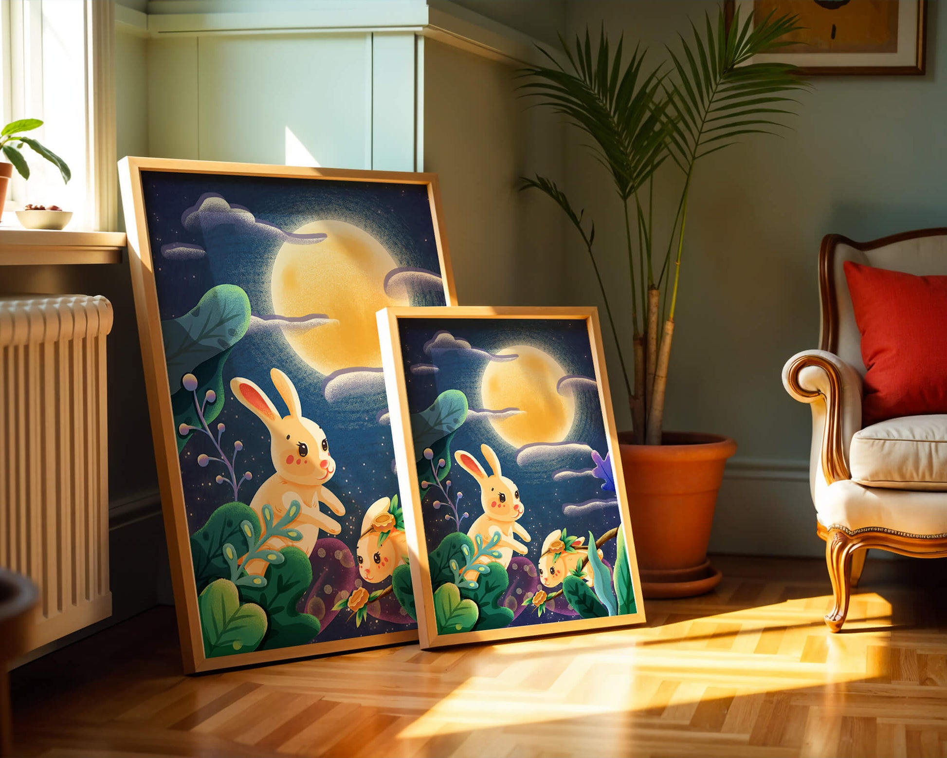 Charming illustration of rabbits under a full moon in a vibrant night garden
