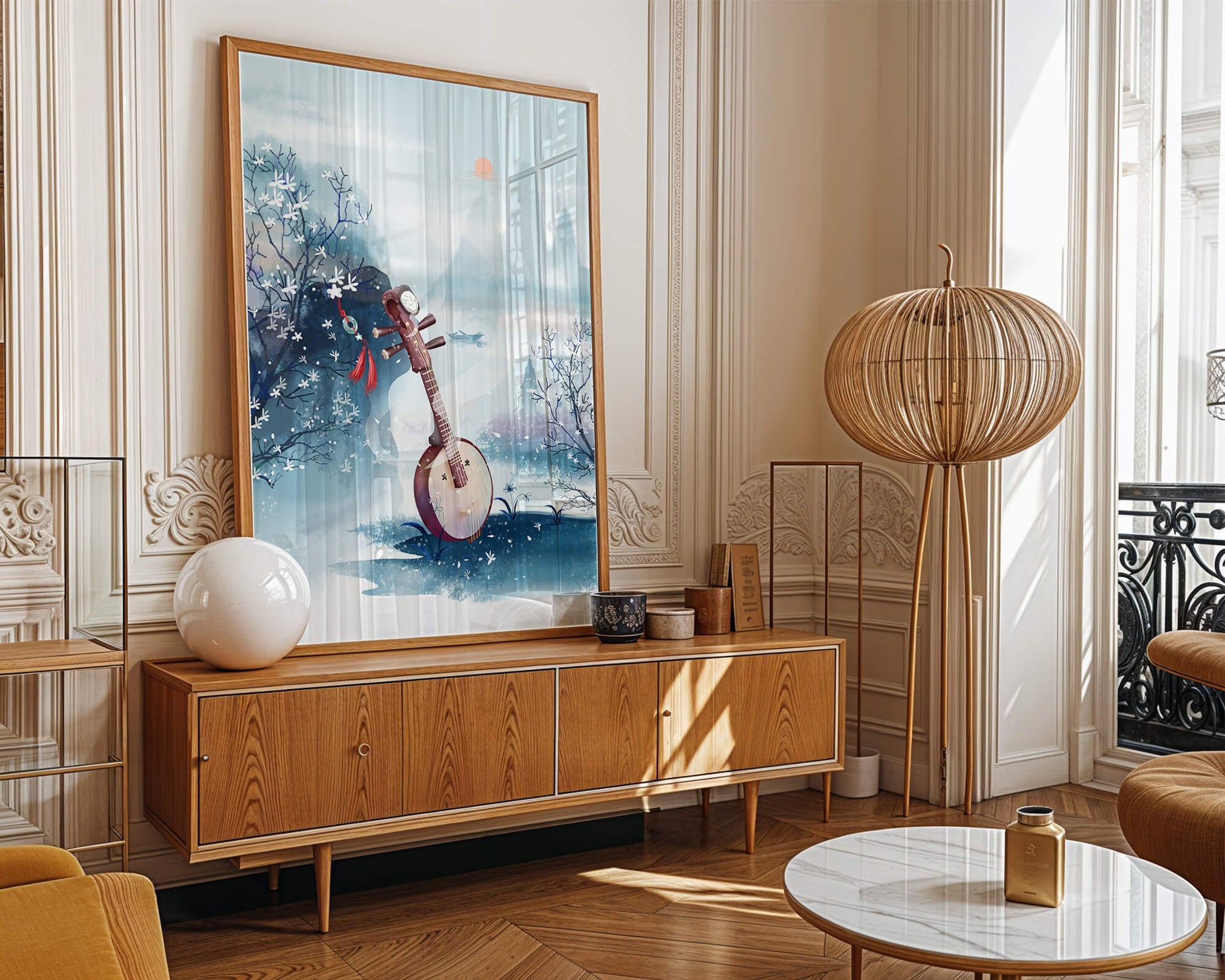 Paisaje tradicional chino con instrumento musical y flores