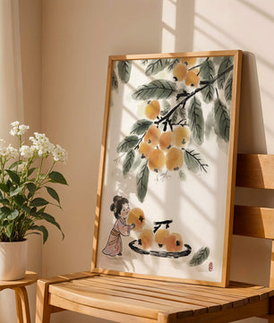Arte japonés con una niña recogiendo caquis bajo un árbol