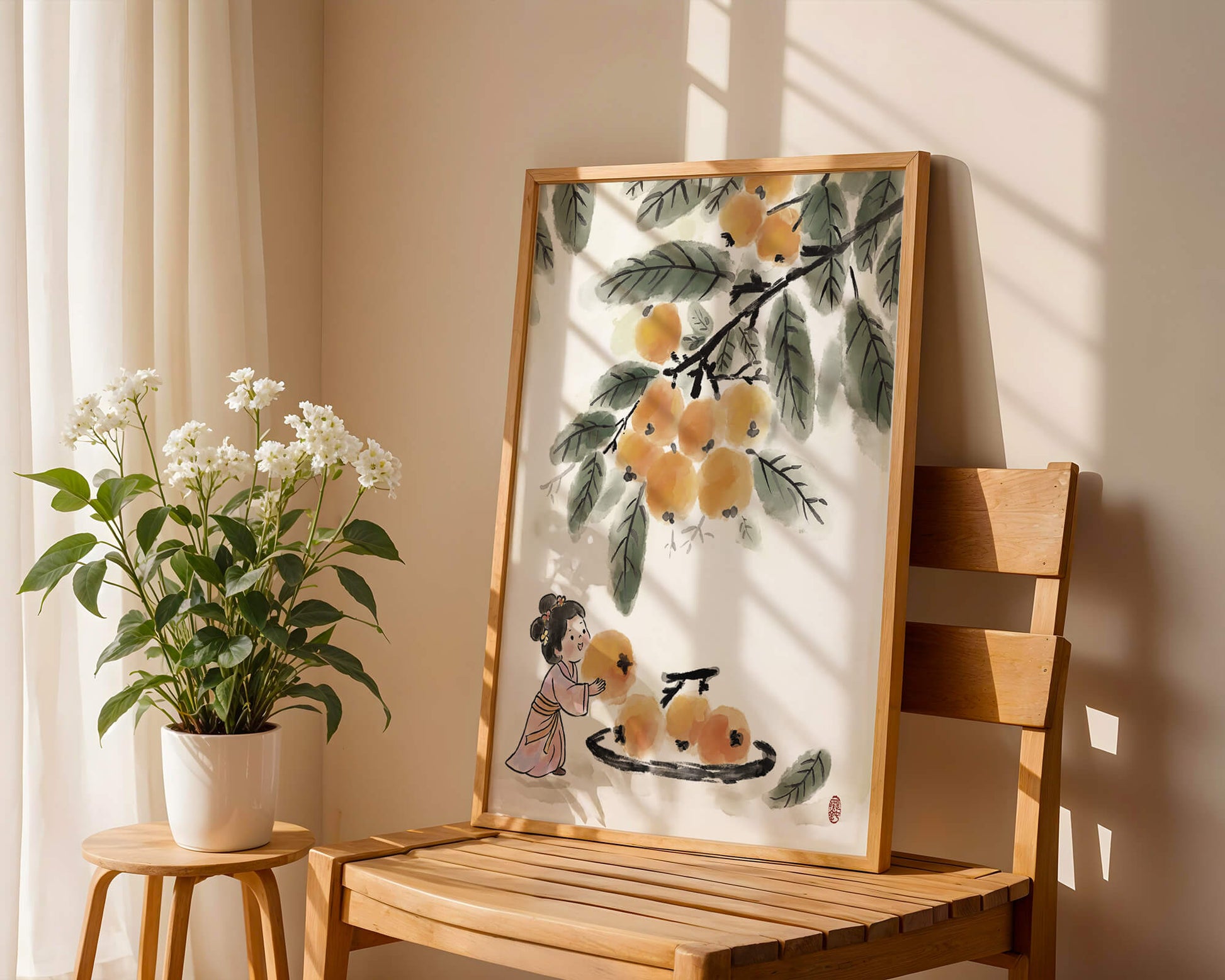 Arte japonés con una niña recogiendo caquis bajo un árbol