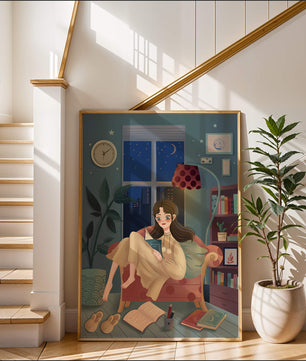 Cozy Nighttime Reading in a Living Room with Moonlit Window