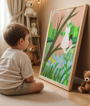 Encantadora ilustración al pastel de una niña y un gato junto a un estanque tranquilo