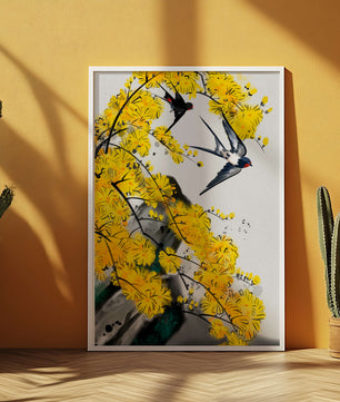 Representación artística de golondrinas entre flores amarillas vibrantes