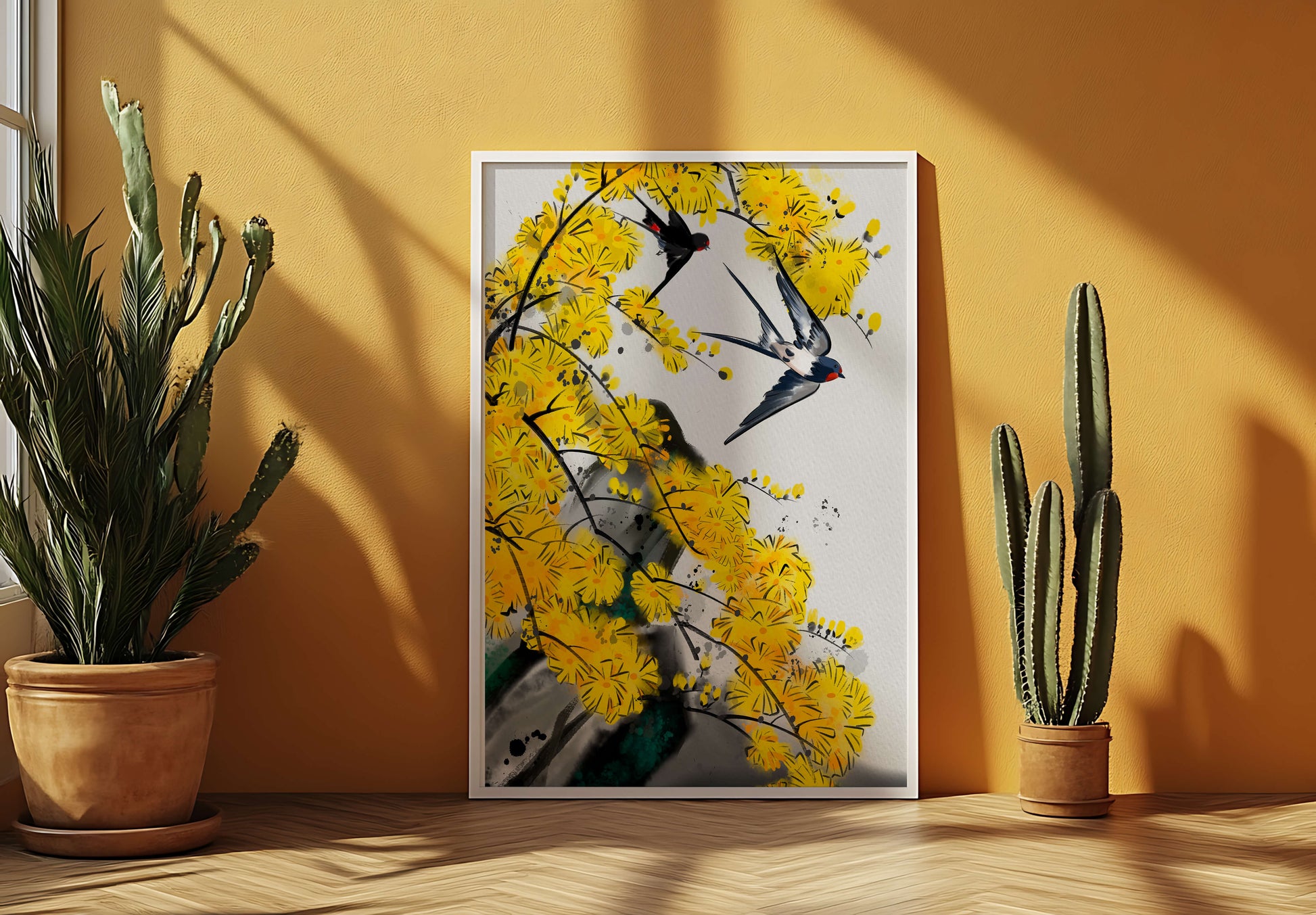 Artistic depiction of swallows amid vibrant yellow blossoms