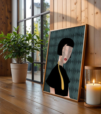 Elegant woman with short hair and golden earring on patterned background