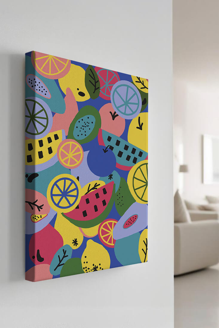 Patrón abstracto de frutas vibrantes con cítricos y melones sobre fondo azul