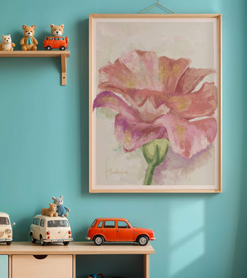 Vibrant pink flower with golden accents in abstract style