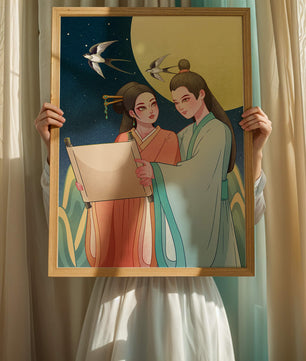 Elegant illustration of traditional attire with scroll and swallows under a full moon